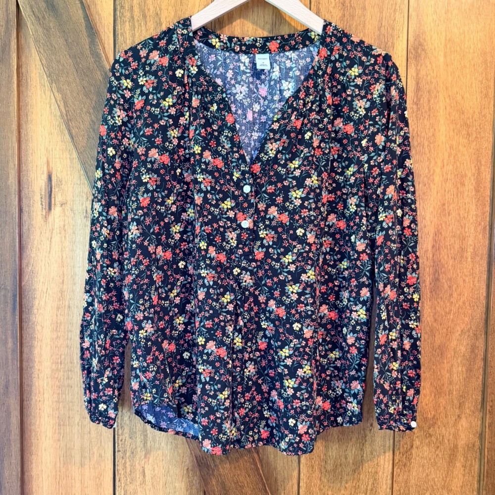 Old‎ Navy Floral Blouse Women's Medium Boho Cottagecore Top Split Neck